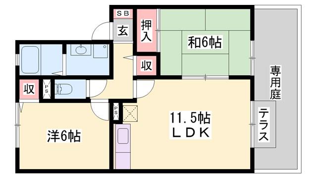 グランドソレイユ A棟(2LDK/1階)の間取り写真