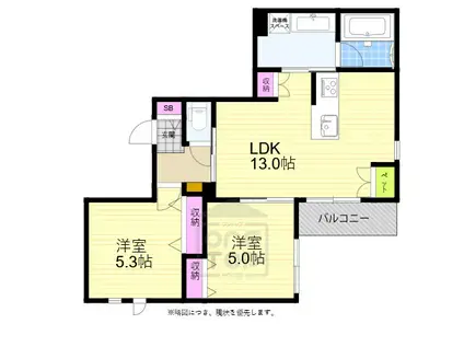 吹田市山田南ヘーベルメゾン(2LDK/2階)の間取り写真