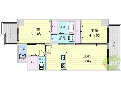 MANGOKUKEI(2LDK/5階)の間取り写真