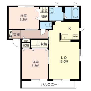 アルトほたる野A(2LDK/1階)の間取り写真