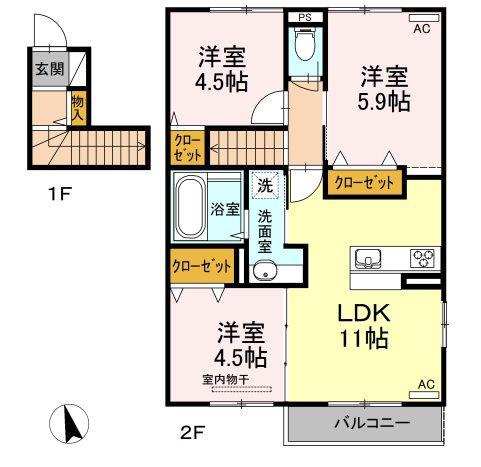 メルシー・ボナール(3LDK/2階)の間取り写真