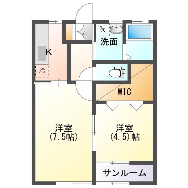 シャルール A棟(2K/1階)の間取り写真