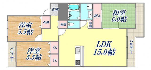 サンサーラ若草Ⅲ(3LDK/3階)の間取り写真