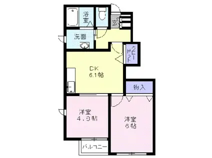 エーデルハイム B(2DK/1階)の間取り写真