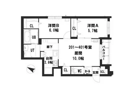 グランメール KM(2LDK/4階)の間取り写真