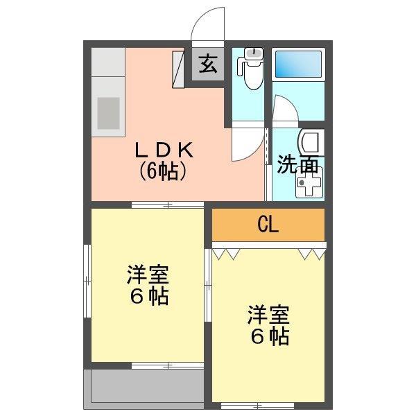 クオーレ弐番館(2DK/1階)の間取り写真