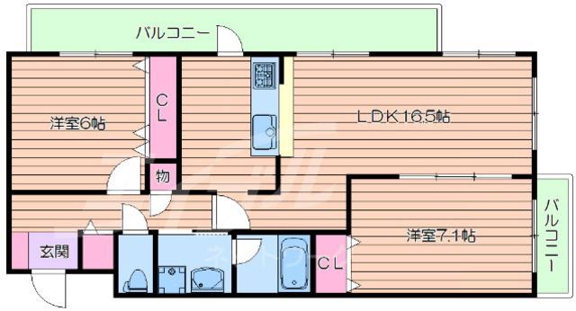 第8レジデンスオクノ藤が丘(2LDK/1階)の間取り写真