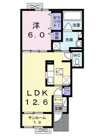 サニーハイムB(1LDK/1階)の間取り写真