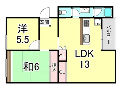 星陵台1号棟(2LDK/5階)の間取り写真