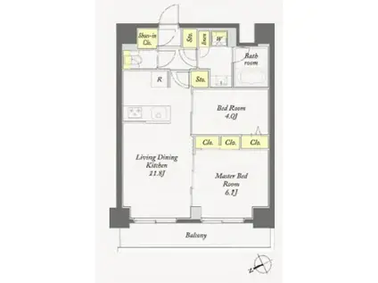 ディームス根岸(2LDK/6階)の間取り写真