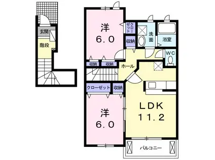 カルム・プロムナードI(2LDK/2階)の間取り写真