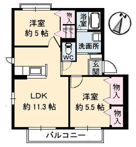 ボナール上安 A棟(2LDK/2階)の間取り写真