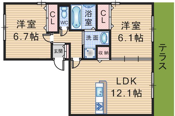 アメニティーコート西泉丘(2LDK/1階)の間取り写真