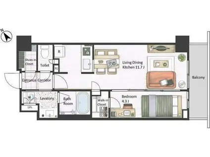 市谷台町坂フロント(1LDK/8階)の間取り写真