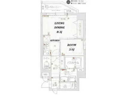 ウインステージ大博通(1LDK/8階)の間取り写真