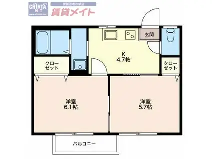 カーサ丸之内(2K/2階)の間取り写真