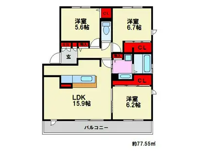 D-ROOM高宮駅前(3LDK/2階)の間取り写真