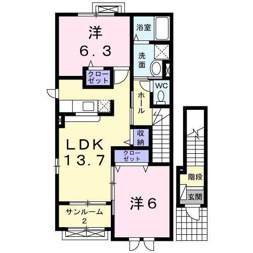 クロスロード 沢 UN(2LDK/2階)の間取り写真