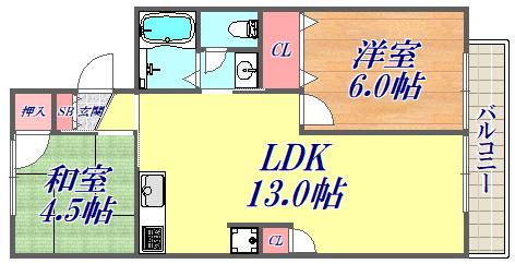 ドミエール(2LDK/1階)の間取り写真
