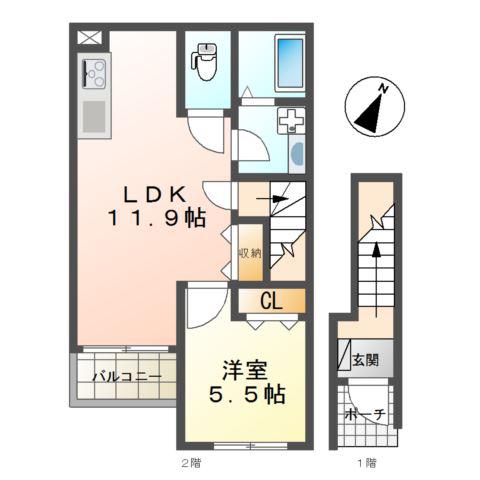 KULA(1LDK/2階)の間取り写真