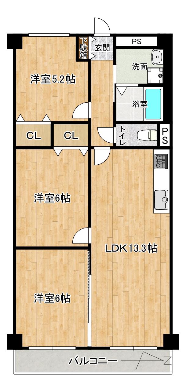 サンハイム第2中津(3LDK/3階)の間取り写真