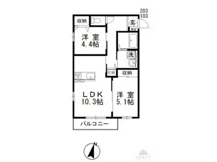 ウィズハイムMIYUKI I(2LDK/1階)の間取り写真