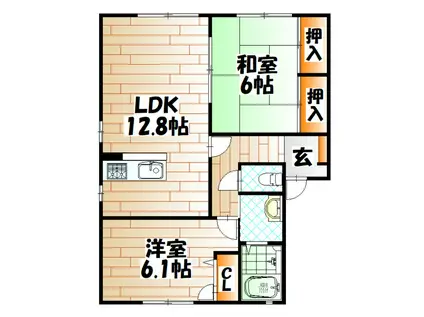 ユニゾン上富野 A棟(2LDK/1階)の間取り写真