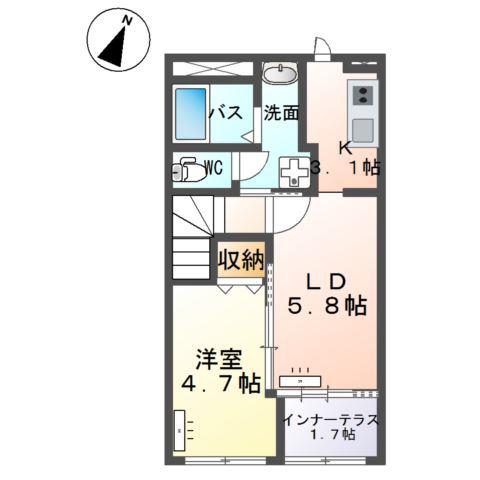 つくば市高見原 (1LDK/2階)の間取り写真