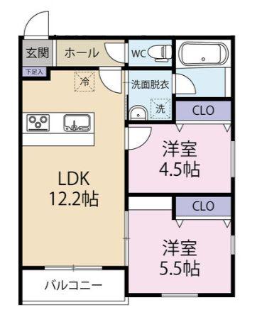 GRACE下六万寺町(2LDK/1階)の間取り写真