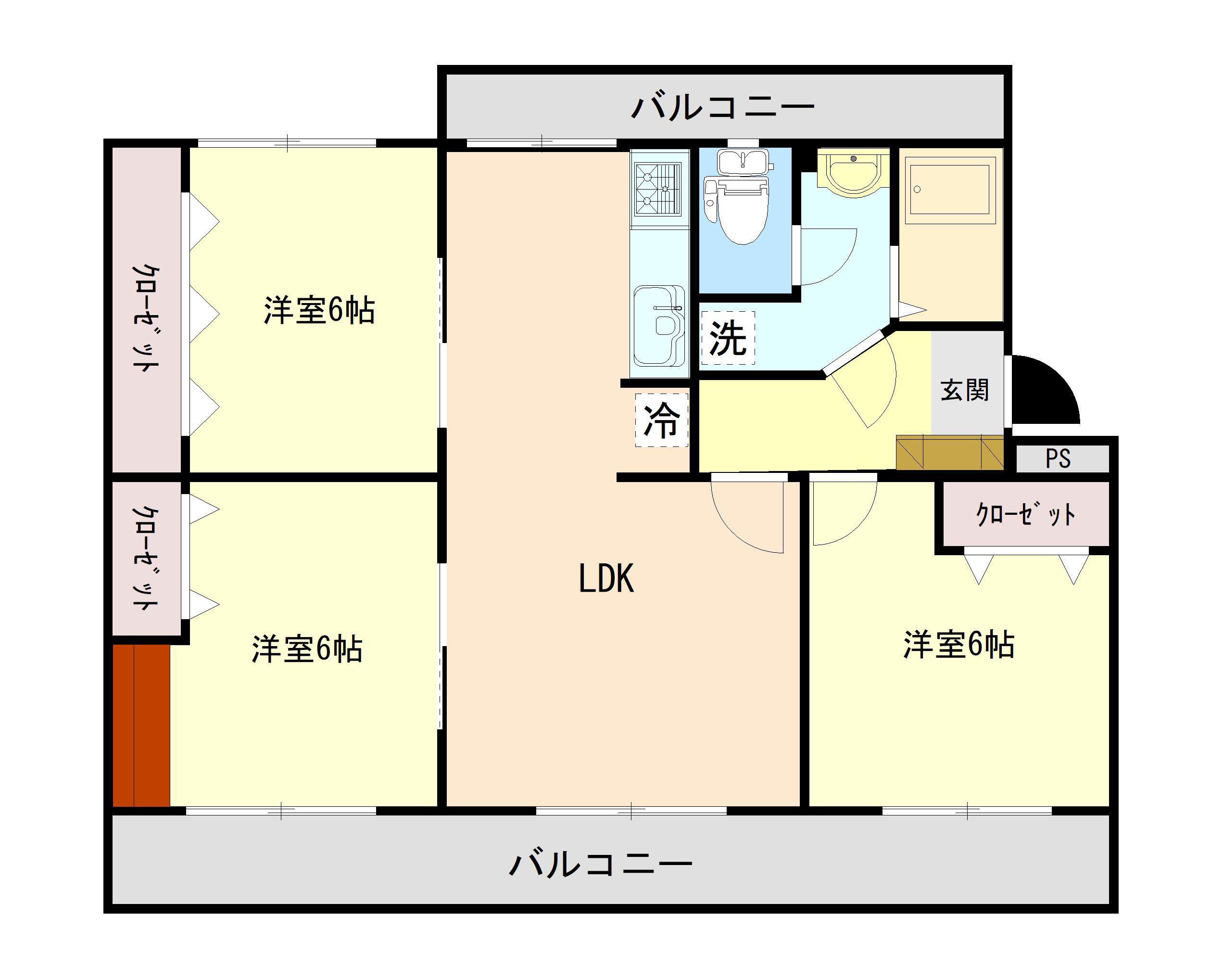 こぐまマンション屋島III B棟(3LDK/1階)の間取り写真