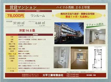 ハイツ小茂根(ワンルーム/2階)の間取り写真