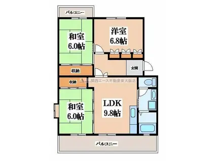 シュロス若江 (3LDK/4階)の間取り写真