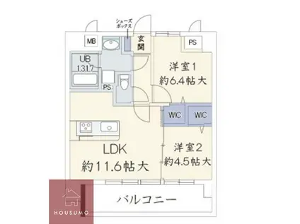 ブリエウメキタ(2LDK/6階)の間取り写真