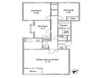 ヒルクレスト上原(3LDK/2階)の間取り写真
