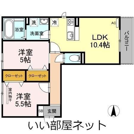 セカンドコート B棟(2LDK/3階)の間取り写真