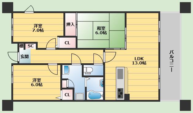 プリンスコート刀根山(3LDK/2階)の間取り写真