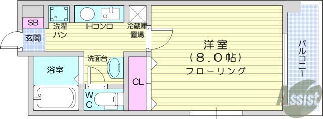 ヱビスヤパークサイド(1K/4階)の間取り写真
