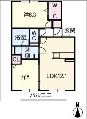 シャトー入場(2LDK/1階)の間取り写真