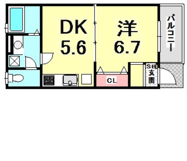 バラード夙川I(1DK/2階)の間取り写真