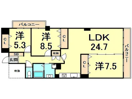 ビクトリアコート夙川(3LDK/6階)の間取り写真