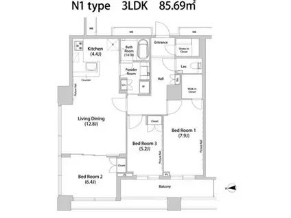 品川ハートビュータワー(3LDK/25階)の間取り写真