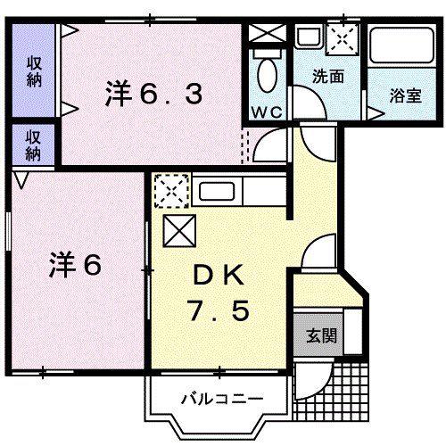 なでしこ(2DK/1階)の間取り写真