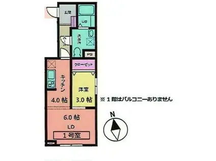 メリディアン多賀城南宮 壱番館(1LDK/1階)の間取り写真