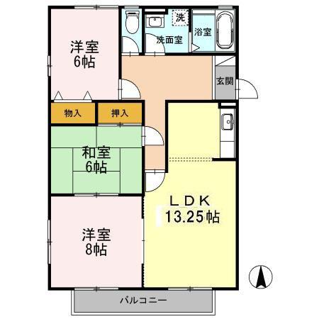 セントラルヒルズ B棟(3LDK/2階)の間取り写真