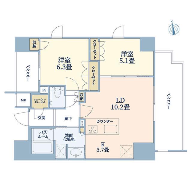 アトラス神戸中山手通(2LDK/2階)の間取り写真