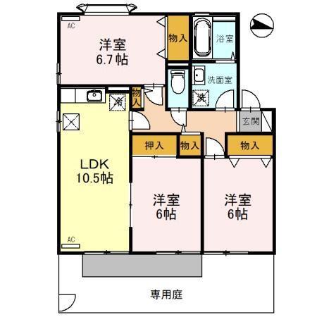 ファミールハウス B棟(3LDK/1階)の間取り写真