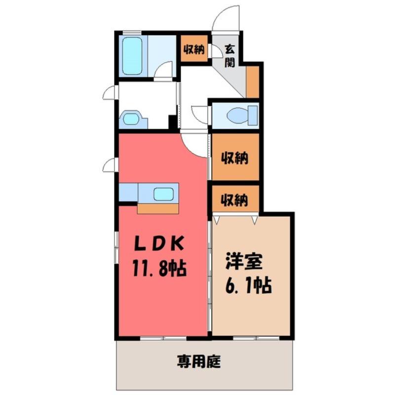 KOGA-KEYAKI ALLEYCLE A棟(1LDK/1階)の間取り写真