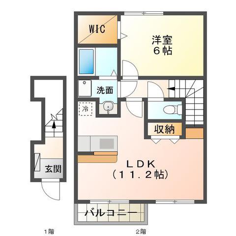 クイーンズタウン元町 III棟(1LDK/2階)の間取り写真