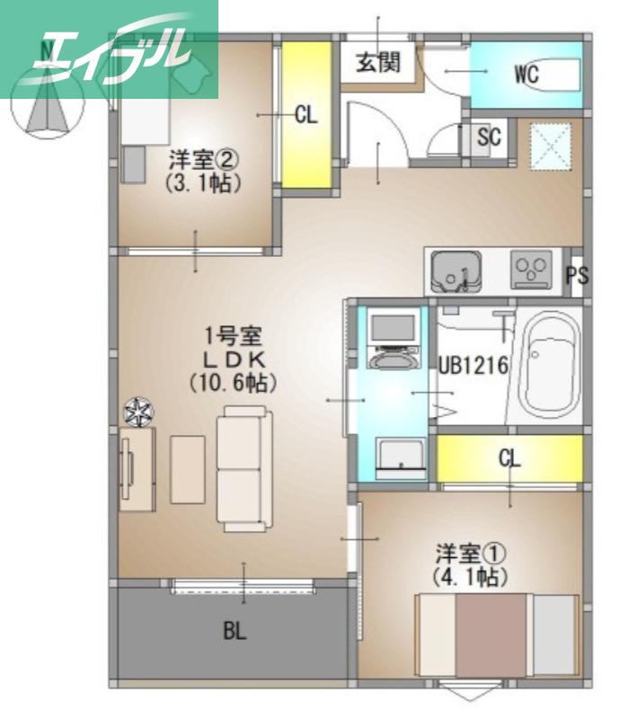 REGALEST 下伊福6(2LDK/1階)の間取り写真