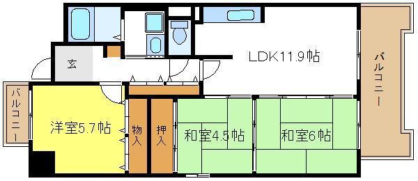コーシャハイツ瓜破(3LDK/5階)の間取り写真